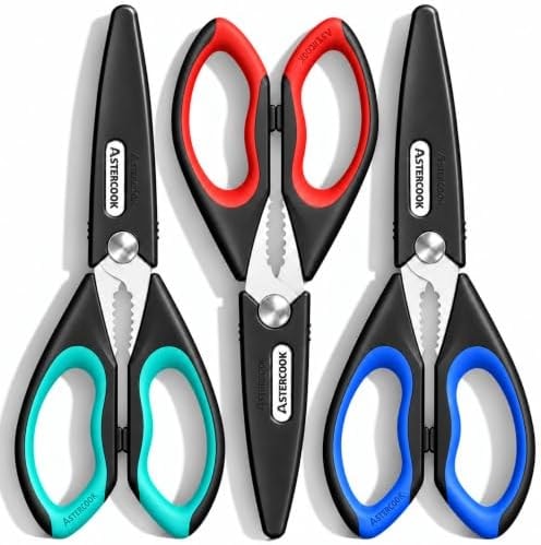 Astercook Kitchen Scissors, 3-Pack Heavy Duty All-Purpose Kitchen Shears for Poultry, Meat, Herbs, Vegetables & Packaging, Stainless Steel Blades with Covers, Dishwasher Safe, Color-Coded