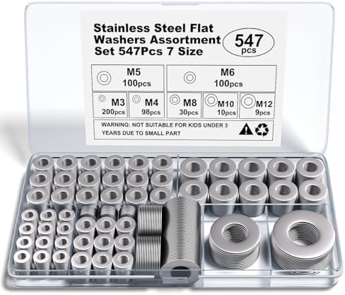 Stainless Steel Flat Washers Assortment, 18-8 (304) Stainless Steel, 547-Piece Set (Assorted Metric Sizes M3-M12, 3mm, 4mm, 5mm, 6mm, 8mm, 10mm, 12mm) with Plastic Storage Case