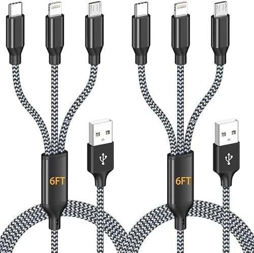 AICHUA Multi Charging Cable 6ft 2 Pack, MFi Certified 3 in 1 Cord, Lightning USB C Micro USB Connectors for iPhone Android Samsung Travel Car Office, Nylon Braided Cable, Home Office Backup