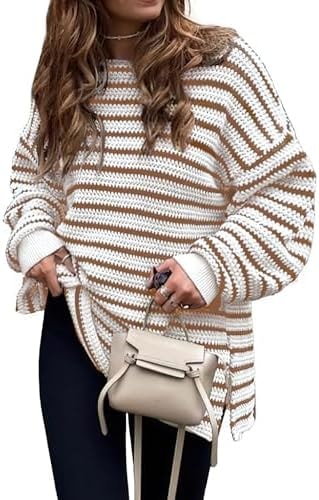 KIRUNDO Women's 2026 Fall Winter Oversized Striped Sweater(Striped Brown,S)