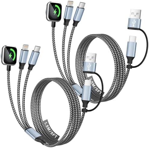MPATIBY Travel Essentials, 3 in 2 UB A/USB C Cable for Watch Charger, Multi Phone Charging Cable/Cord for All Devices for iWatch Ultra/SE/10-1, Phone16 15 14, Android, iPads, More (2Packs 5FT)