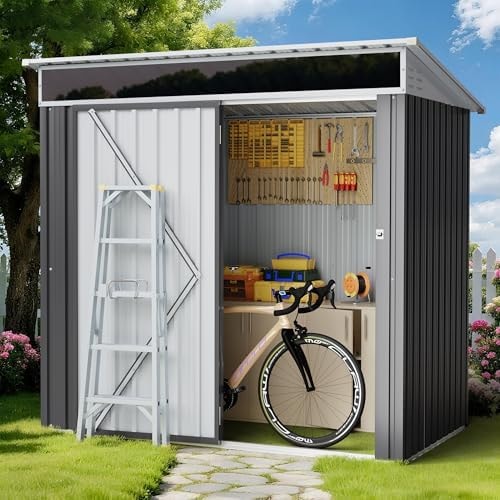 Shintenchi 6x4 FT Outdoor Storage Shed with Window, Outdoor Waterproof Storage Shed Metal Garden Shed with Lockable Single Door,Weather Resistant Tool Storage House Shed for Garden,Backyard,Steel Gray