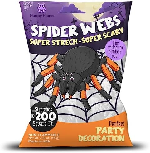 Happy Hippo Halloween Spider Web Decoration, 200 Square Feet & Plastic Spiders, Halloween Party Supplies, Spider Webs (Small, 200 Sq Feet) (8 Fake Spiders Included)