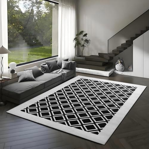 Washable Rug 5x7 – Soft Textured Area Rug with Non-Slip Backing, Modern Luxury Checkered Design, Machine Washable Carpet Perfect for Living Room, Bedroom, and Dining Room, Black