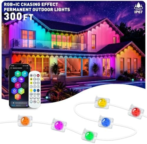 CINSGAG 300FT RGB+IC Permanent Outdoor Lights, IP67 Waterproof, Smart App/Remote Control LED Eave Lights, with Music Sync, DIY Scenes Modes for House Roof Decor, Patio, Holiday & Party