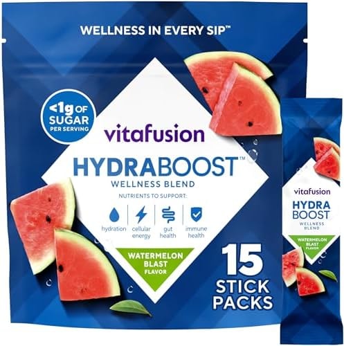 Vitafusion Hydraboost Drink Powder Packets, Electrolytes Support Daily Hydration, Vitamins Support Cellular Energy & Immune Health, Prebiotic Fiber Supports Gut Health, Watermelon Blast, 15 Sticks
