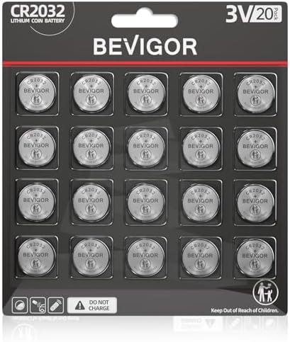 BEVIGOR 2032 Battery CR2032 Lithium 3V Coin Battery 20 Pack Compatible with AirTag for Child Safety, Suitable for Key Fobs, Smart Sensors, Scales, Candles and More