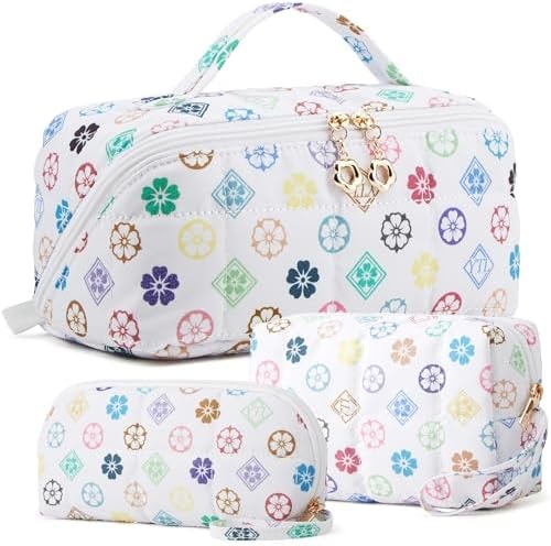 YTL Travel Makeup Bag, Puffer Cosmetic Bag for Women, Waterproof Puffy Padded Make Up Bags, Flat Open Portable Organizer Case Toiletry Bag Pouch Purse for Skincare, Brushes & Travel Essentials
