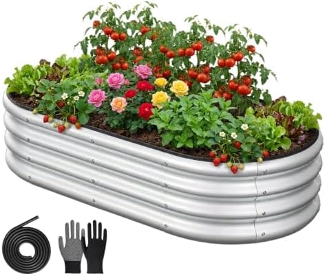 Rujkodvh 4x2x1 FT Oval Metal Raised Garden Bed, Open Bottom Design Elevated Garden Planter Box Outdoor, Trough Planter for Outdoor Plants, Flower, Vegetables, Fruit, Herbs (Silver, 1PC)