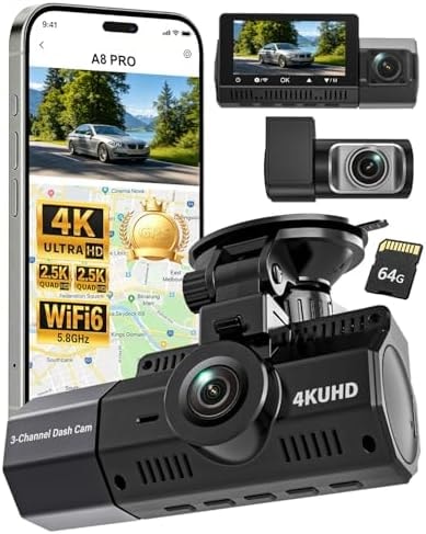 Eivikga 3 Channel Dash Cam Front and Rear Inside for Rideshare & Taxi