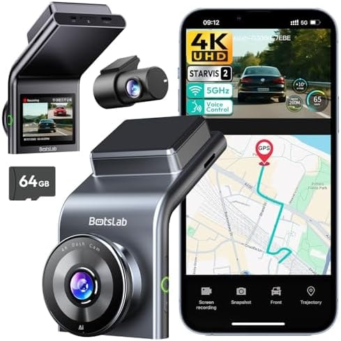BOTSLAB G300 Plus 4K Dual Dash Cam Front and Rear [2026 Upgraded], STARVIS 2 Sensor, 64GB Card Included, Voice Control, 5GHz WiFi Dashcam Front and Rear Camera, GPS,WDR Night Vision,24H Parking Mode