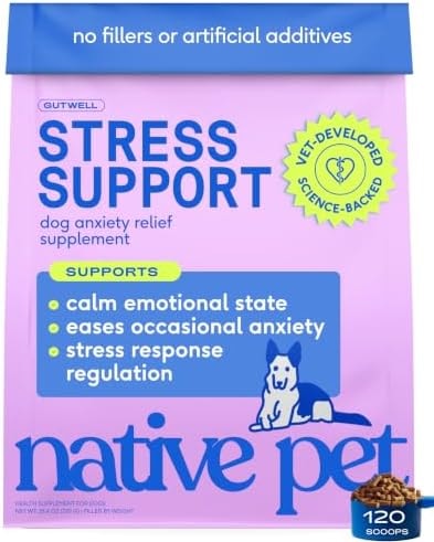 Native Pet GutWell Stress Support - Dog Anxiety Relief & Calming Supplement - Promotes Emotional Wellbeing, Regulates Stress Response & Balances Gut-Brain Axis - Triple-Biotic & Magnesium - 120 Scoops
