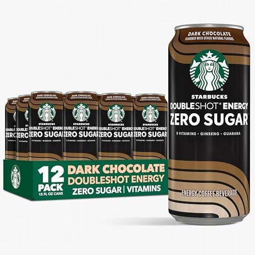 Starbucks Doubleshot Zero Sugar Coffee Energy Drink, Dark Chocolate, 15 fl oz Cans, (12 Pack), Zero Sugar, B Vitamins, Ginseng, Guarana, Iced Coffee Drink