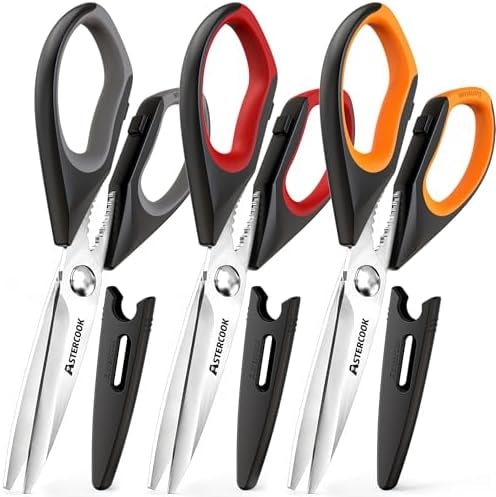 Astercook Kitchen Scissors 3 Pack, Heavy Duty All Purpose Kitchen Shears for Food and Packaging, Stainless Steel Food Scissors for Meat, Poultry, Herbs and Vegetables, Dishwasher Safe