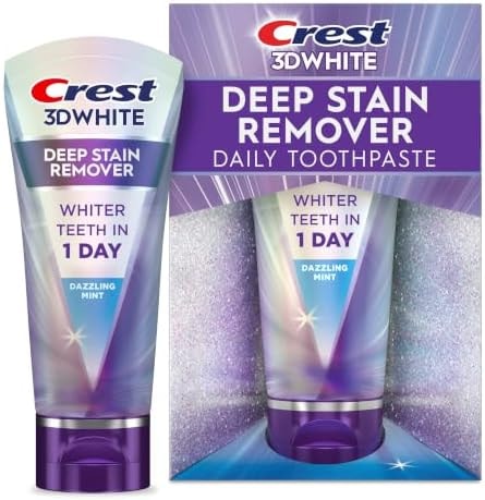 Crest 3DWhite Deep Stain Remover Dazzling Mint Toothpaste, 2.1 oz (Pack of 1), Whiter Teeth in 1 Day, Enamel Safe Fluoride Toothpaste for Fast Stain Removal and Prevention