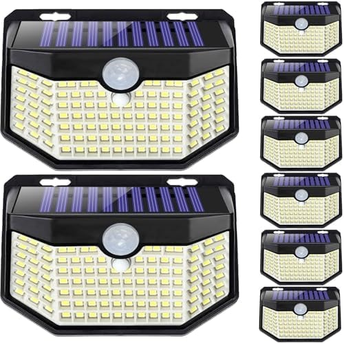 HMCITY 120 LED Outdoor Solar Lights with Motion Sensor and 3 Lighting Modes, IP65 Waterproof Wide Solar Wall Lights Ideal for Garden Patio Yard (Front Button 8Packs, Black Shell-Daylight White)