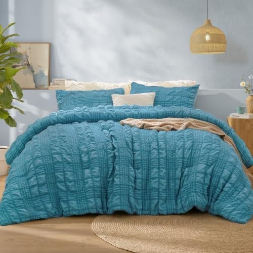 BEDELITE Queen Comforter Set, Seersucker Bedding Set 3 Pieces, Blue Fog