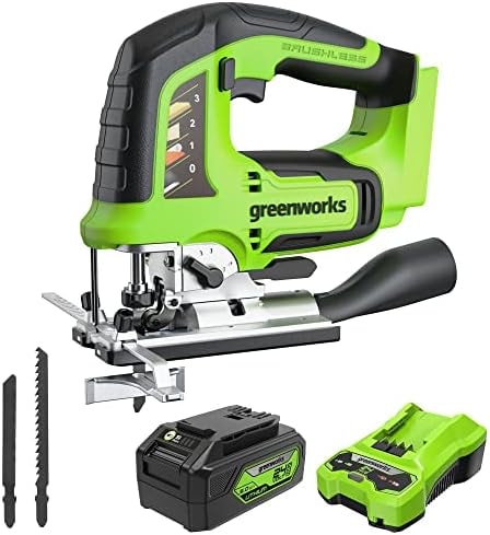 Greenworks 24V Brushless 1" Cordless Jig Saw (3,000 SPM / 4 Settings / LED Light), 4.0Ah USB Battery and Charger Included