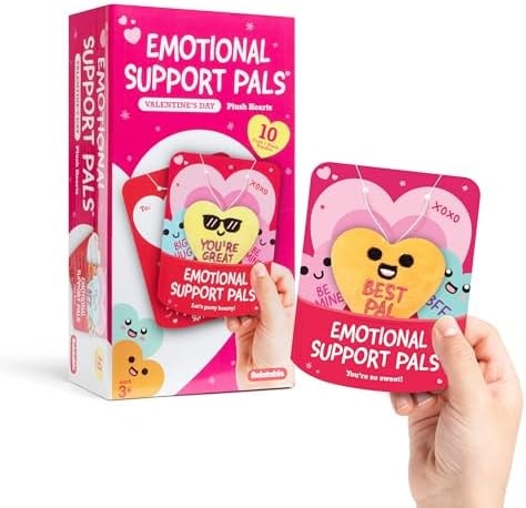 Emotional Support V-Day Heart Cards by Relatable - The Cute Classroom Valentines for Kids, Friendship Gifts, or Gifts for Girlfriend - Includes 10 Plushies with 10 Cards