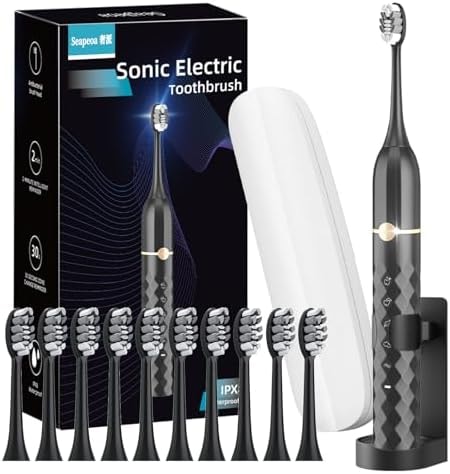 Seapeoa Sonic Electric Toothbrush Set, Equipped with 10 Brush Heads and Travel Case, IPX8 Waterproof, 2-Minute Timer, 42000 High-Frequency Vibrations, 5 Modes, The First Choice for Gift Giving, Black