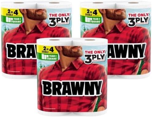 Brawny Tear-A-Square 3-Ply Paper Towels, 6 Double Rolls = 12 Regular Rolls (3 Packs of 2)
