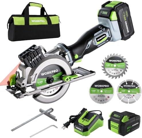 WORKPRO 20V Cordless Mini Circular Saw, 4-1/2" Compact Wireless Circular Saw 4.0Ah Battery, Fast Charger, 3 Blades, 4500RPM, Laser Guide, Max Cutting Depth 1-11/16"(90°), 1-1/8"(45°)