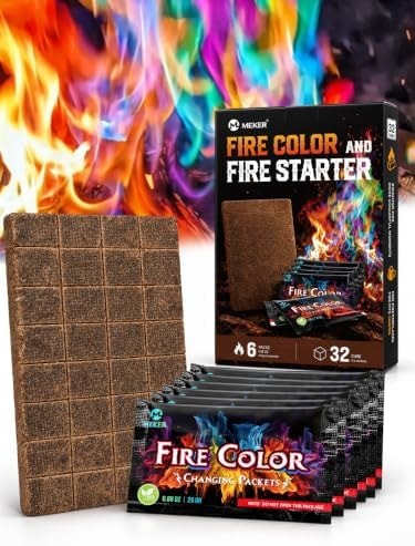 MEKER Fire Color 6 Pack & Fire Starter 32 Cube Set, Fire Color Changing Packets - Safe for Indoor Use, Fire Pit, Campfires, Outdoor Fireplaces, Bonfire, Perfect Fire Camping Accessories for Kids