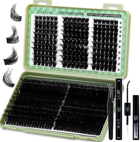LASHSUN Thick Fluffier Lash Clusters Kit 540pcs D Curl 4 Styles 10-22mm Cluster Lashes Kit Soft and Comfortable False Eyelashes Extension Kit, DIY Long Lasting Lashes At Home