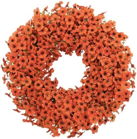 20" Orange Fall Wreath for Front Door, Artificial Mums Autumn Wreath