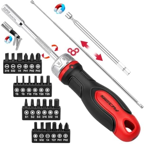 26-Piece Ratcheting Screwdriver Bit Set with 1/4" Magnetic Ratchet Driver, S2 Steel Bits, Telescopic Magnetic Extension Rod, Torx Phillips Slotted & Hex Bits Kit for Home Repair, Garage and DIY