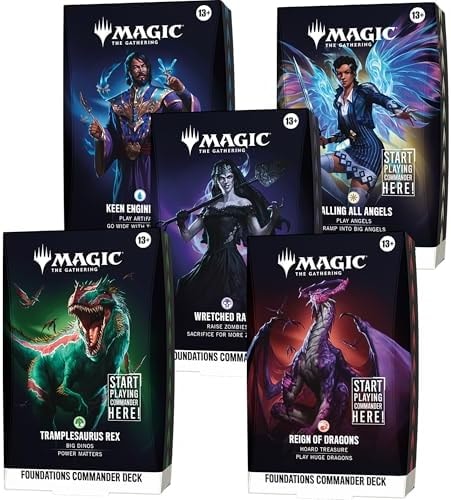 Magic: The Gathering Foundations Commander Deck Bundle - All 5 Decks (Calling All Angels, Keen Engineering, Wretched Ranks, Reign of Dragons, Tramplesaurus Rex)