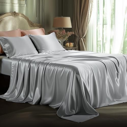 Bedsure Grey Satin Sheets Full Size, Soft Silky Bedsheets for Hair & Skin