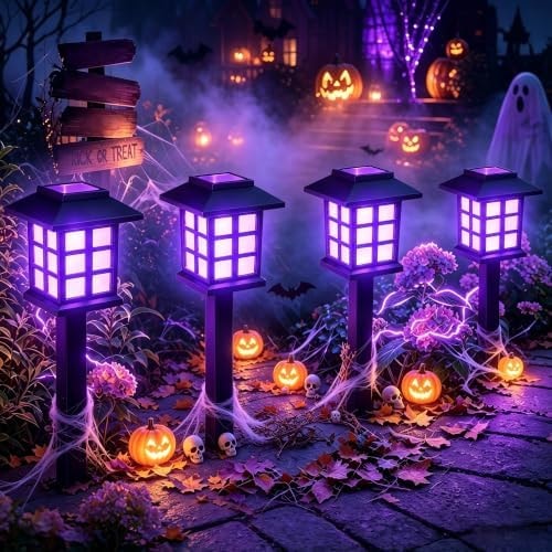 GIGALUMI Halloween Solar Lights Outdoor,12ps Purple Halloween Decorations.