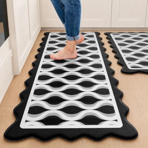 Arenarug Scalloped Wavy Lattice Kitchen Mats for Floor, Black Kitchen Rugs