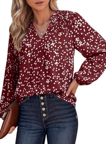 Dokotoo Womens Summer Tops 2026 Long Sleeve Button Down Shirts V Neck Smocked Babydoll Elegant Dressy Casual Loose Work Blouses Flowy T-Shirts Fashion Clothes Western Red Outfit XXL