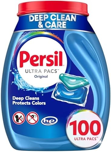 Persil Ultra Pacs Original Everyday Clean Laundry Detergent, 100 Count, No Mess, Single-Dose Laundry Soap, Deep Clean Fabric Care for Colors & Whites, All Water Temperatures, HE Safe