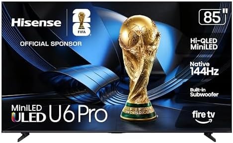 Hisense 85" U6 Pro Series Mini‑LED ULED 4K UHD HDR Gaming AI Smart Fire TV (85U6SF Pro, 2026 New) – Hi-QLED, Native 144Hz, Motion Rate 480, Dolby Vision IQ · Atmos, HDR10+, Glare-Free, Alexa+
