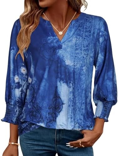 3/4 Length Sleeve Womens Tops Business Casual Blouses V Neck T Shirts with Puff Sleeve 2026, Blue Flower, S