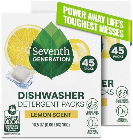 Seventh Generation Dishwasher Detergent Packs Lemon scent 2 Pack for sparkling dishes Dishwasher tabs 45 count