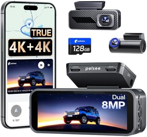 Pelsee S1 Pro Native 4K + 4K Dash Cam Front and Rear, 128GB Card Included