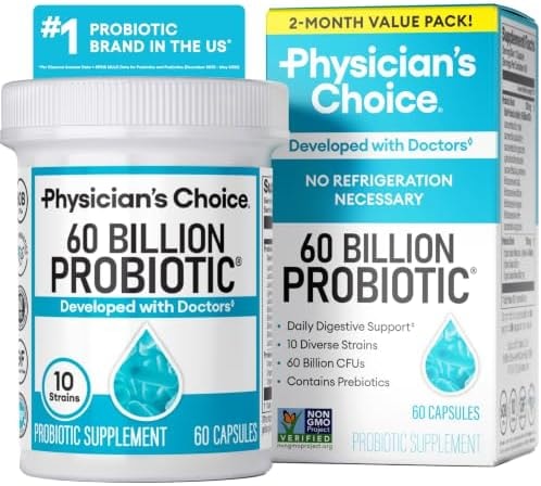 Physician's CHOICE Probiotics 60 Billion CFU - 10 Strains + Organic Prebiotics - Immune, Digestive & Gut Health - Supports Occasional Constipation, Diarrhea, Gas & Bloating - for Women & Men - 60ct