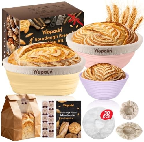 Yiopaun Banneton Bread Proofing Basket, 3 Bread Baskets with Liner & Cover