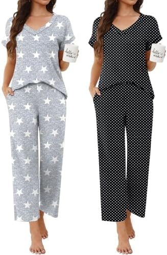 Ekouaer 2 Pack Pajama Sets for Women V Neck Short Sleeve Lounge Sets