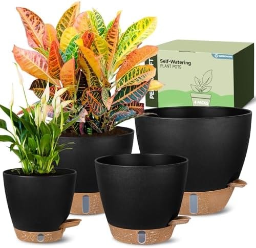 Goproauto Self-Watering Pots for Indoor and Outdoor Plants 4 Pack, 6/8/10/12 Inch Planters with Water Level Indicator & Deep Reservoir, Decorative Flower Pots for Home Decor