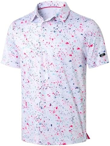 Obla Mens Golf Polo Shirts Short Sleeve Dry Fit Performance Moisture Wicking Casual Print Collared Golf Shirts for Men(White Colored Dots_L)