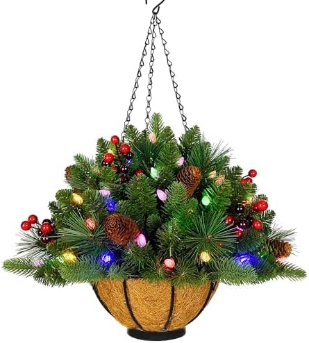 18in Pre-Lit Artificial Christmas Hanging Basket, 40 LED Lights with Timer