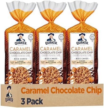 Quaker Large Rice Cakes, Caramel Chocolate Chip, 7.4 oz Bags, (3 Pack), Gluten Free, Whole Grain, No Artificial Flavors