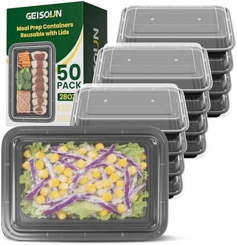 Geisoun 50 Pack 28oz Meal Prep Containers Reusable with Easy Open Lids, Sturdy Leakproof Food Safe, To Go Take Out Plastic Food Storage Containers with Lids, Microwave Freezer Dishwasher Safe, Black