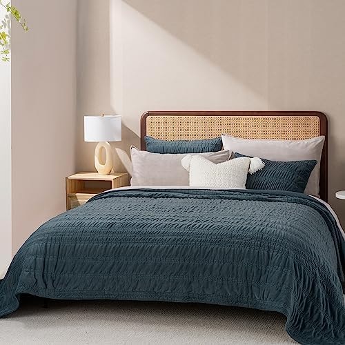 EverGrace Luxury Ruched Velvet Quilt Set, Queen Size, Stormy Blue