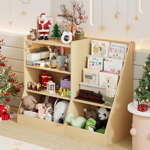 IKALIFE 40" Large Kids Wooden Bookshelf and Toy Storage Organizer Natural